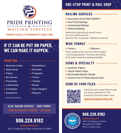 Pride Printing rack card, front and back